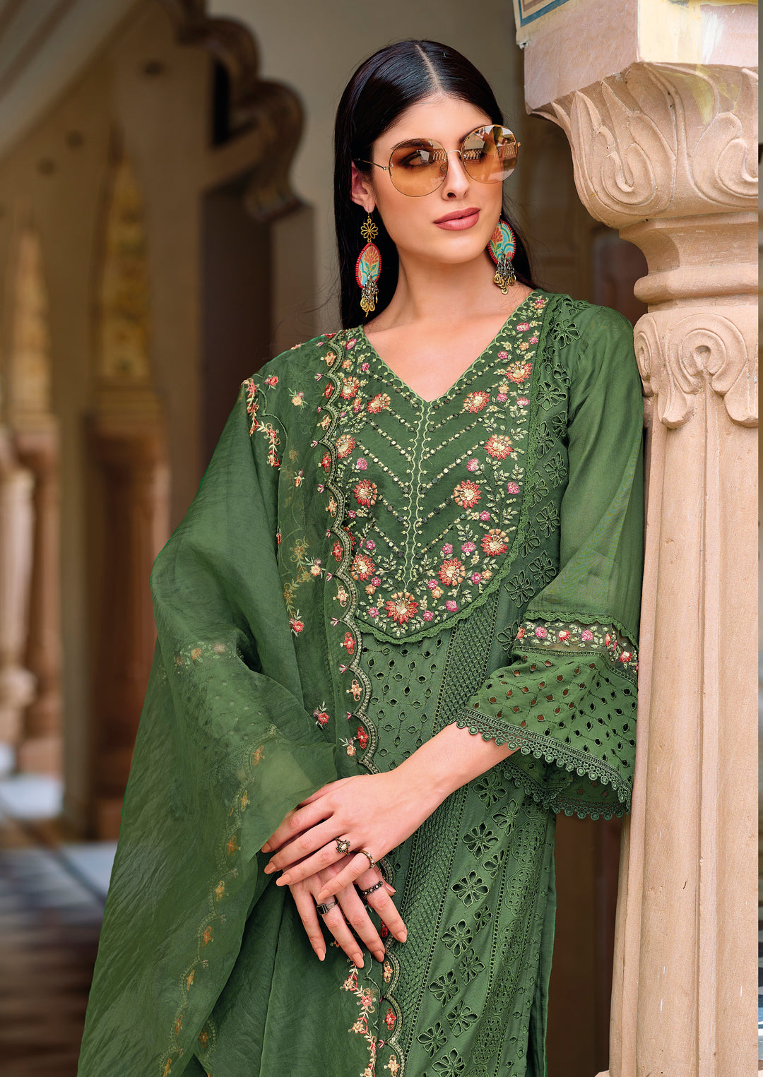 Sadia Mossgreen Schiffli Heavy Pakistani Suit Set