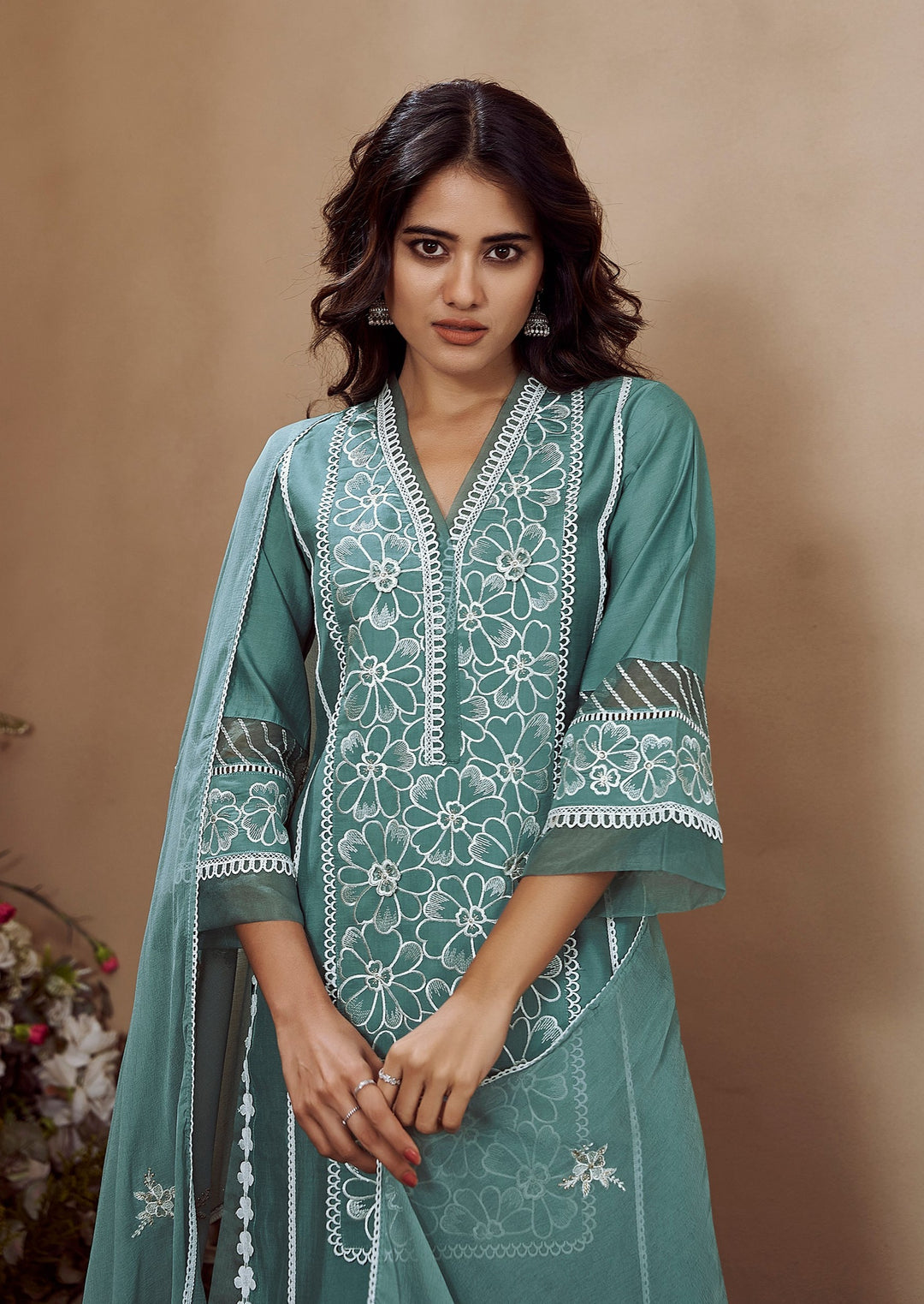 RIMJHIM TEAL EMBROIDERED PAKISTANI SUIT SET