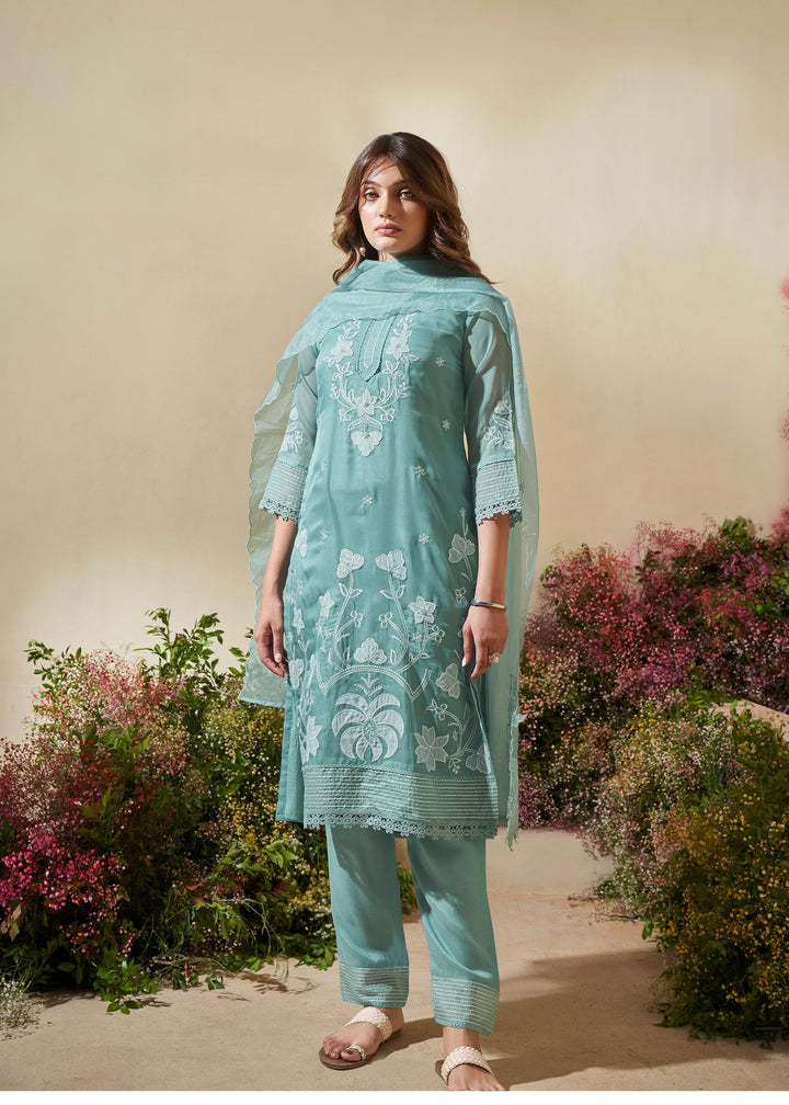 Bushra Cyan Pakistani Full Work Suit Set