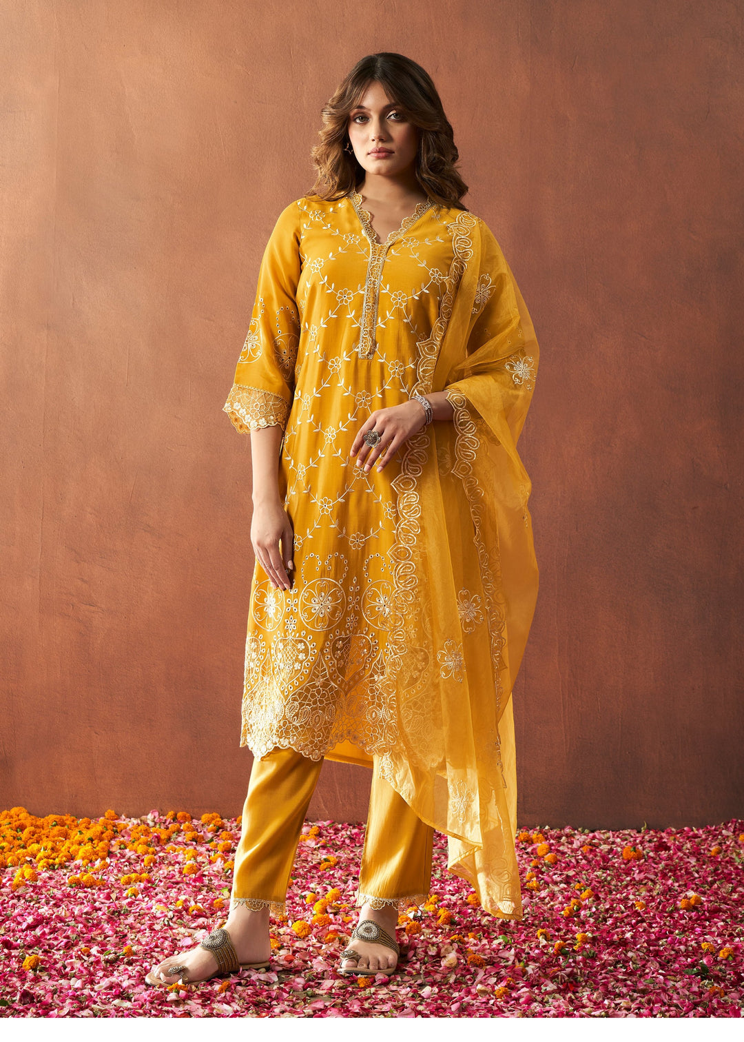 Bushra Marigold Full Embroidery Suit Set