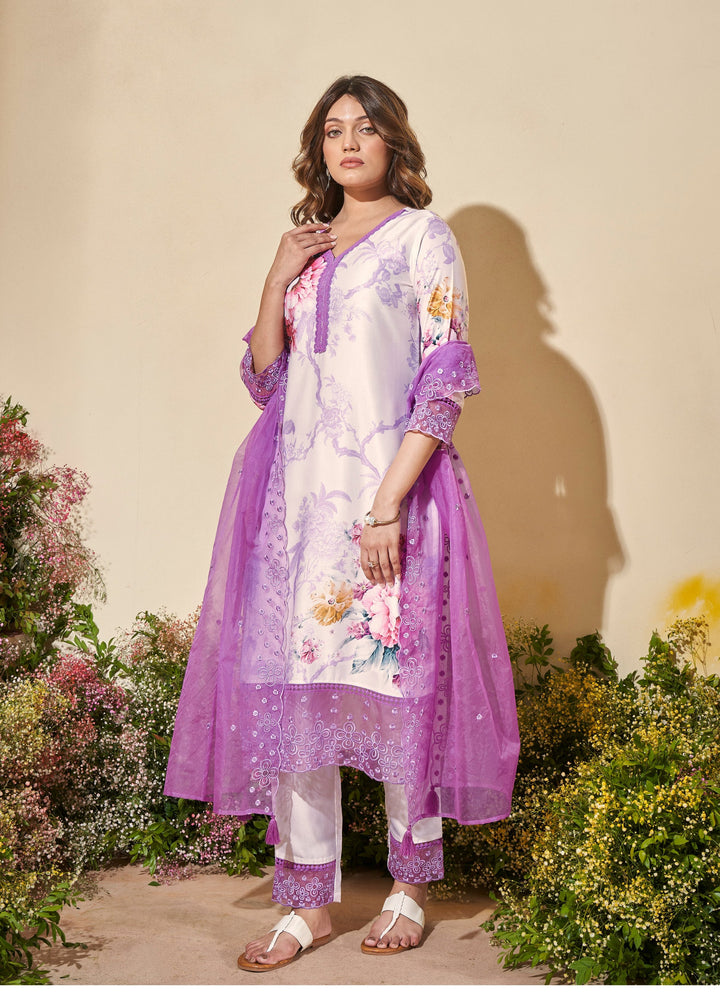 VEDA PURPLE FLORAL PRINTED PREMIUM SUIT SET