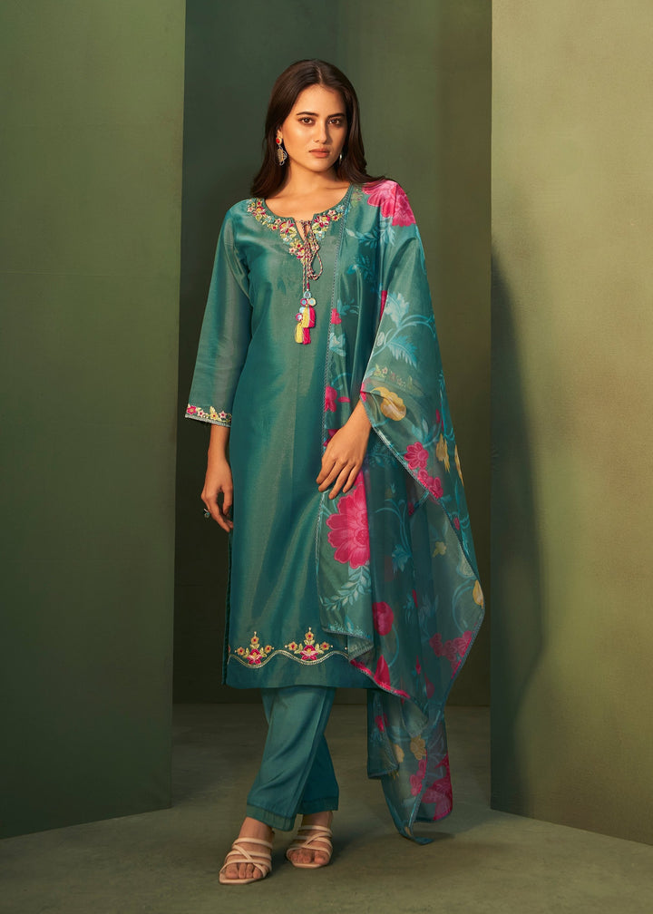 Kajal Pine Shimmer Organza  Full Work Suit Set