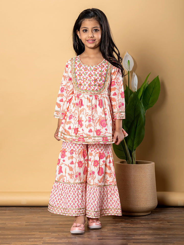 Indra Apricot Kids Cotton Printed Kurta Sharara Set