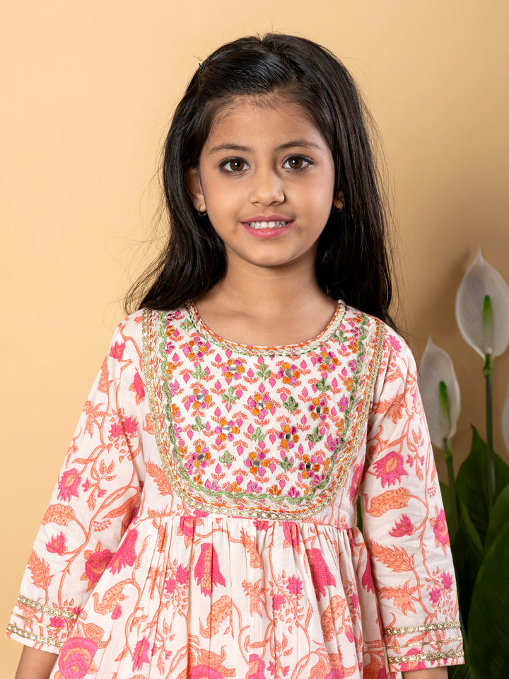 Indra Apricot Kids Cotton Printed Kurta Sharara Set