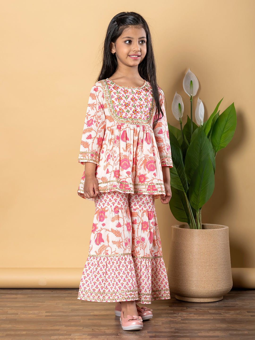 Indra Apricot Kids Cotton Printed Kurta Sharara Set
