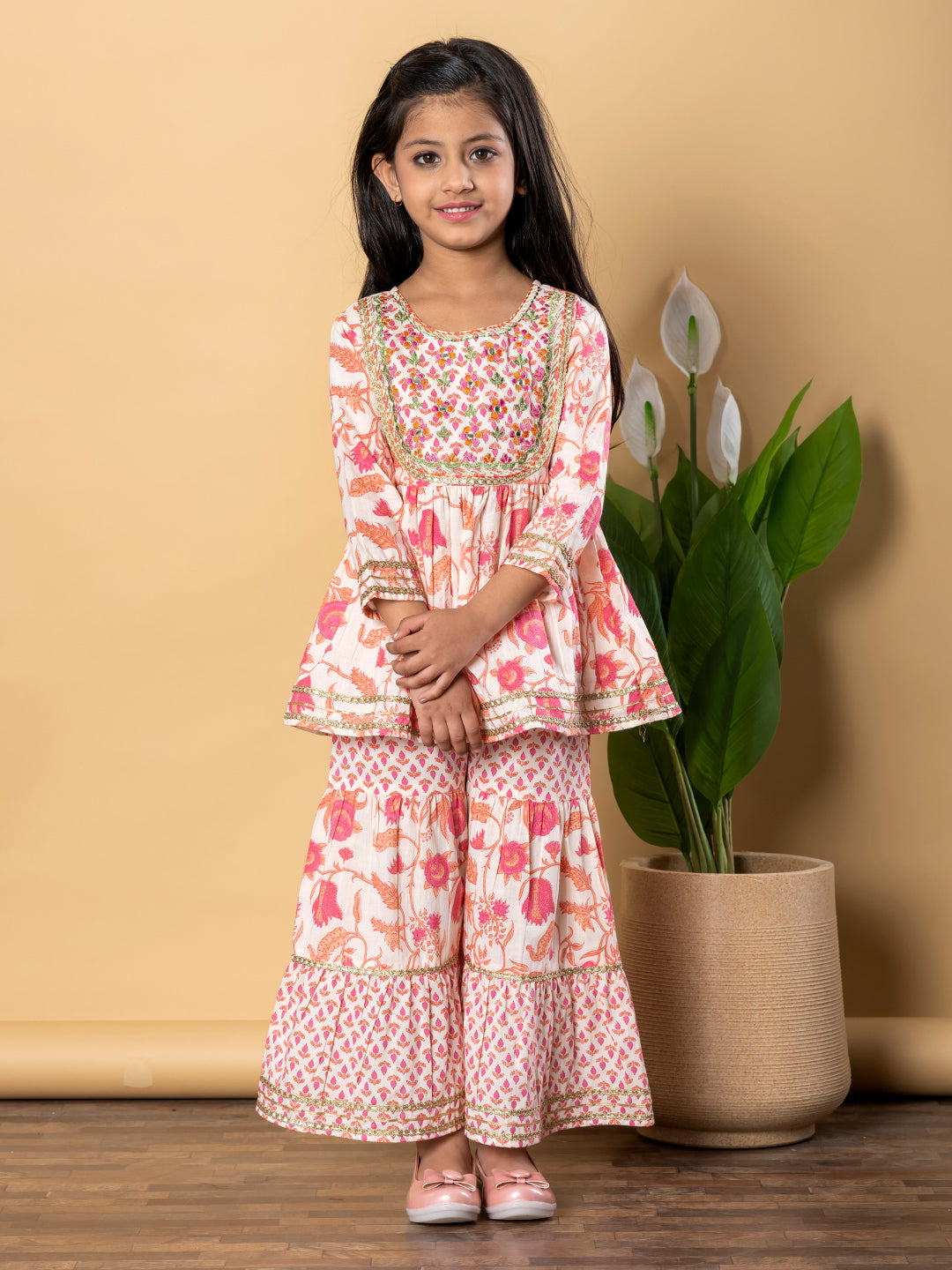 Indra Apricot Kids Cotton Printed Kurta Sharara Set