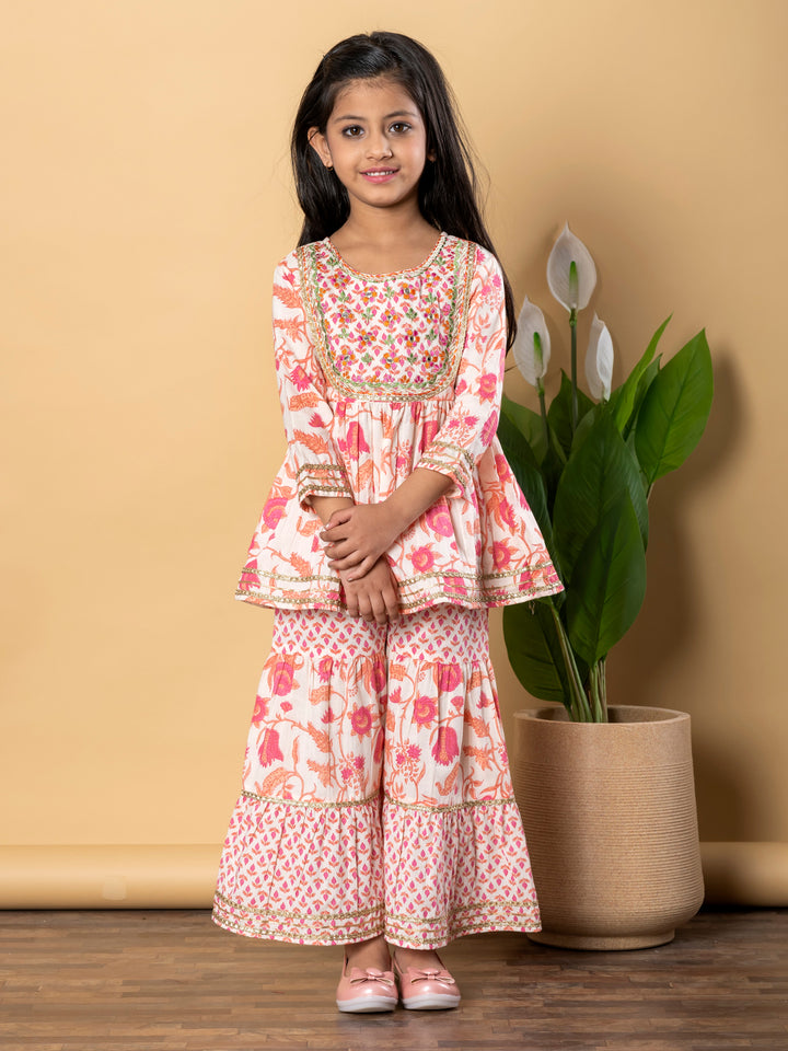 Indra Apricot Kids Cotton Printed Kurta Sharara Set