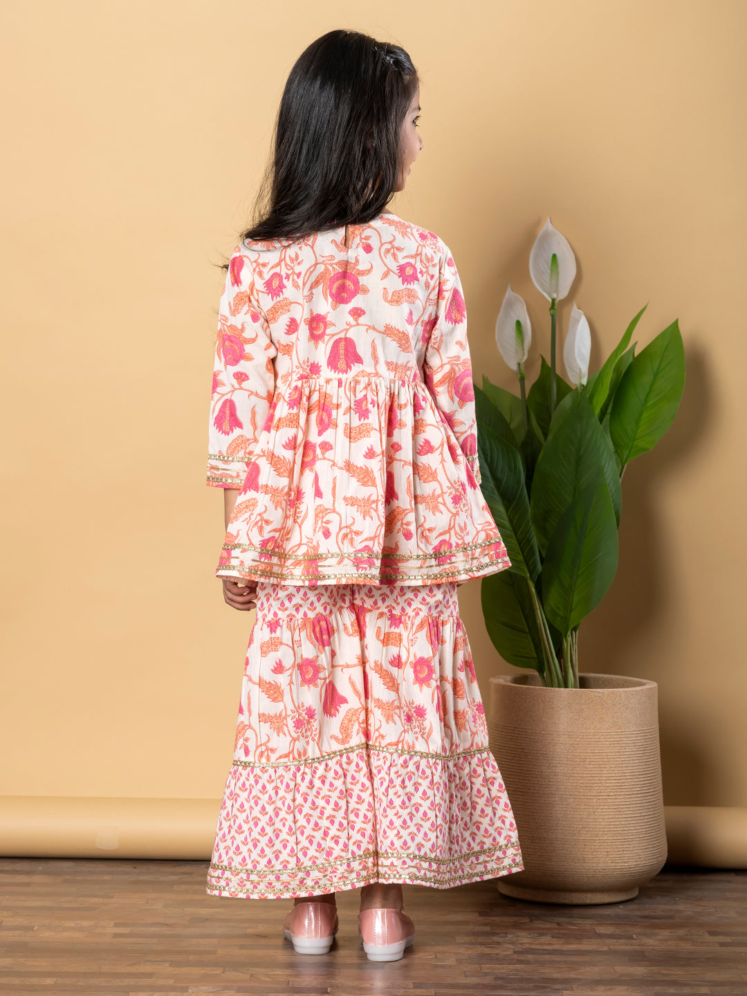 Indra Apricot Kids Cotton Printed Kurta Sharara Set