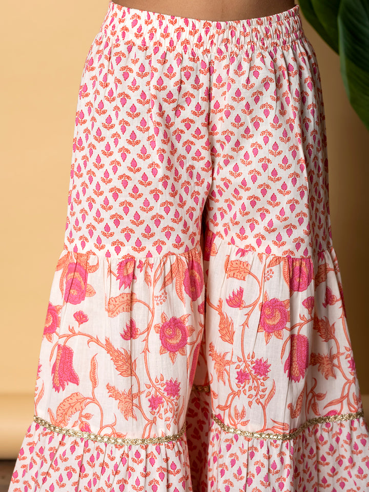 Indra Apricot Kids Cotton Printed Kurta Sharara Set