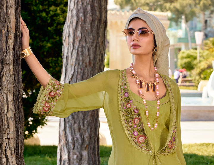 Resha Olive Embroidery Designer Organza Jacket Set
