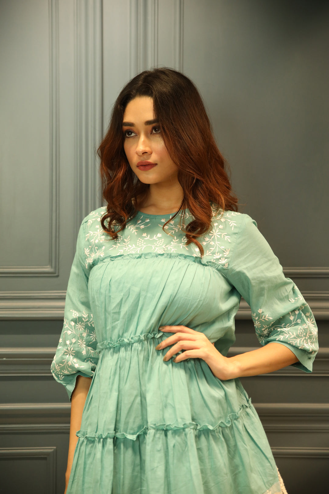 Sush Grass Green Layered Embroidered Dress