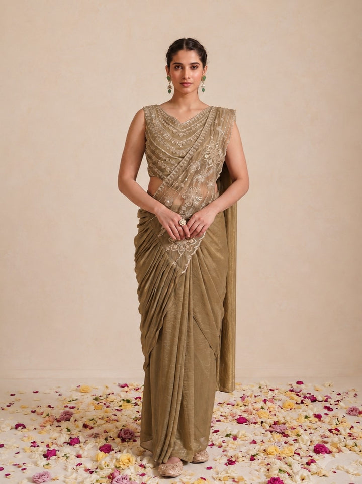 Alpa Caramel Full Work Ready Drape Saree