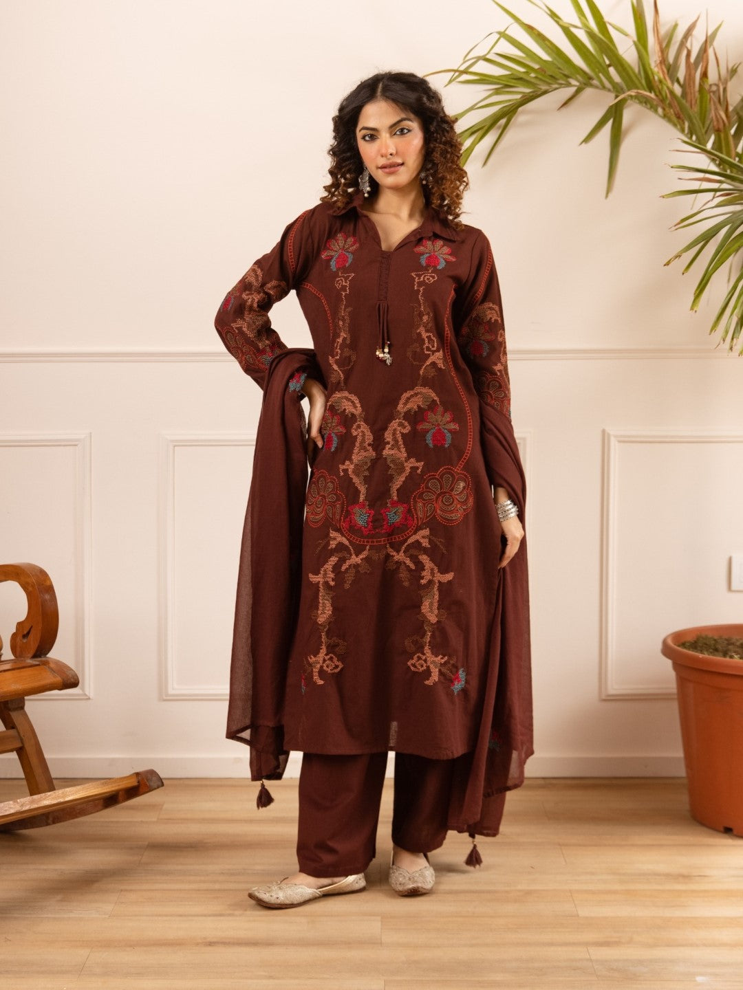 Karen chestnut embroidery cotton suit set