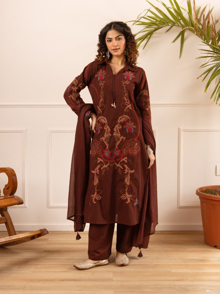 Karen chestnut embroidery cotton suit set