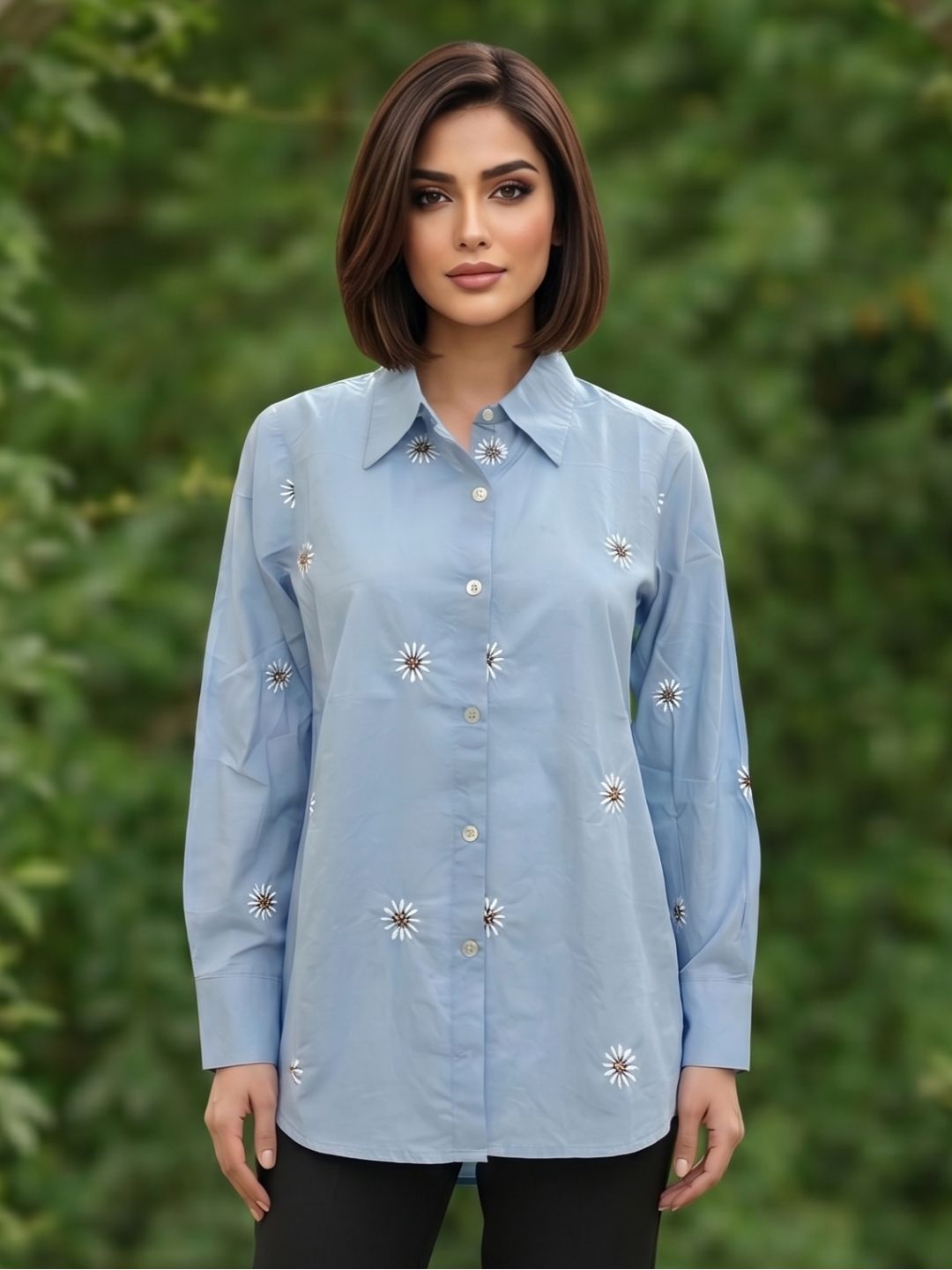 Mohini Soft Blue Cotton Embroidered Shirt