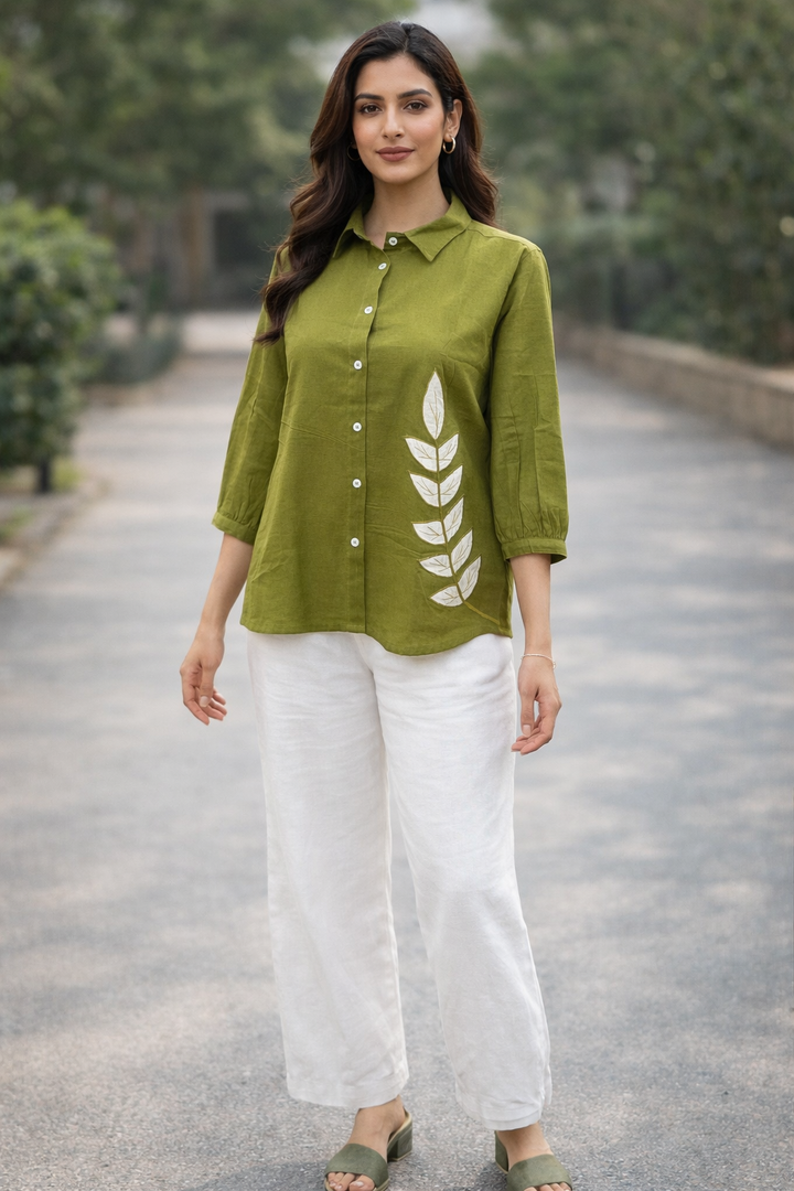 Anvika Olive Cotton Applique Shirt