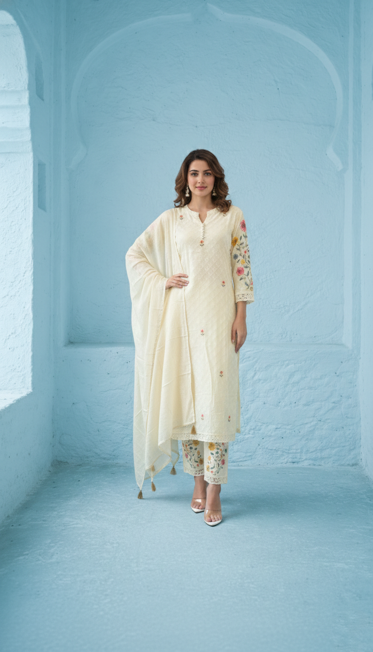 Kirti Mist Cotton Embroidered Suit Set