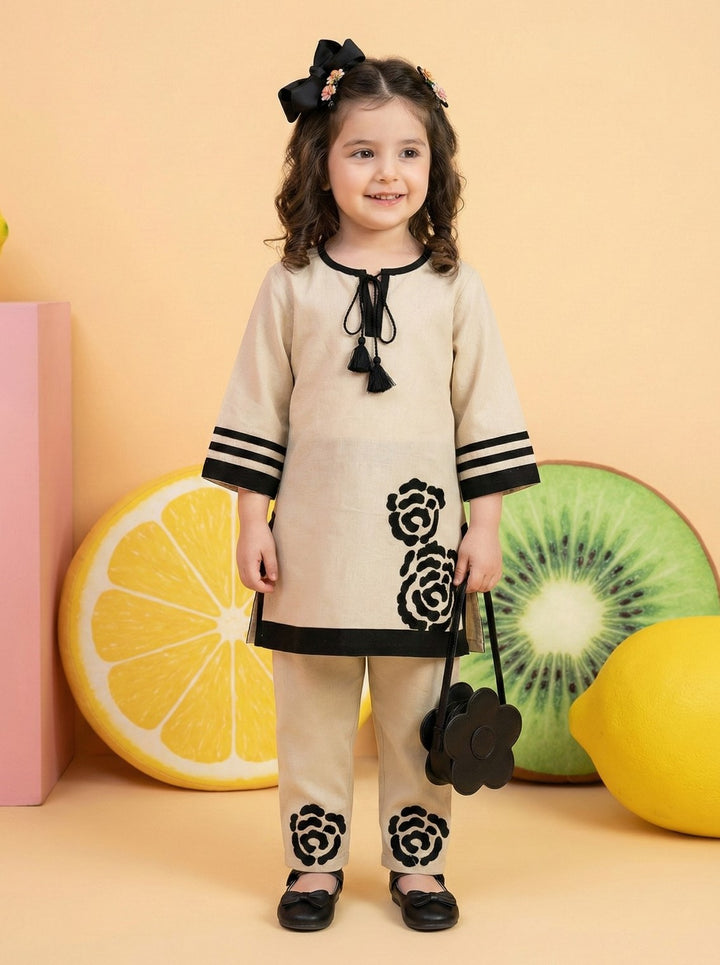 Joy tan cotton kids kurta pant set