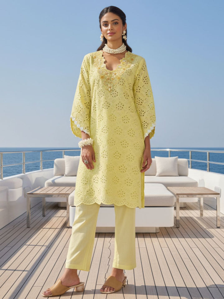 Anumeha Lime schiffli cotton co-ord set