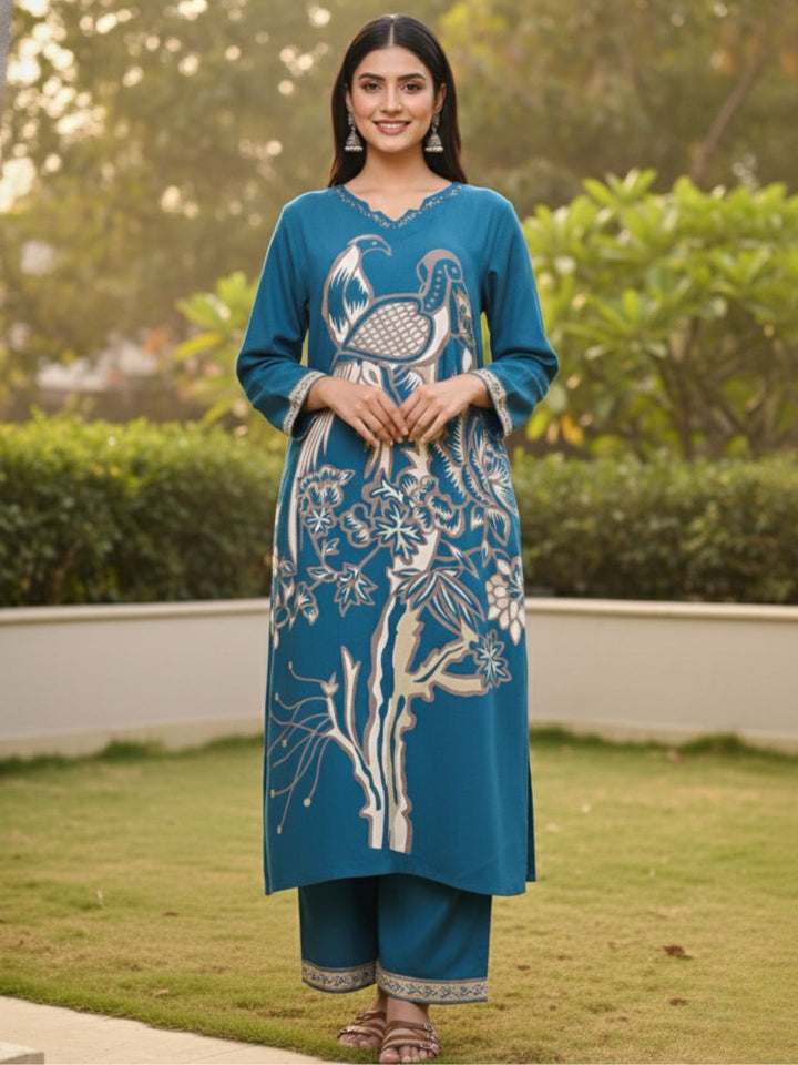 Kabool Peacock Printed Kurta Pant Set