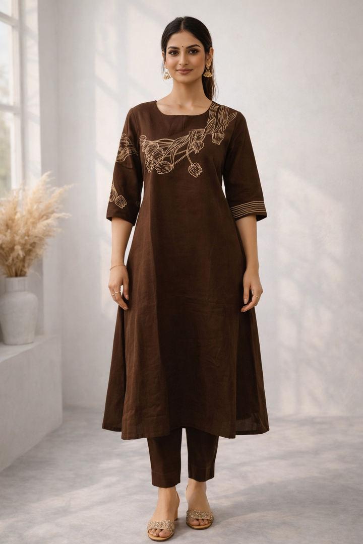 Mishka Coffee Embroidered Kurta Pant Set
