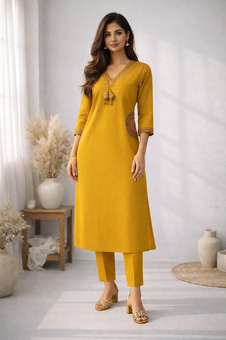 Rushali Mustard Embroidered Kurta Pant Set