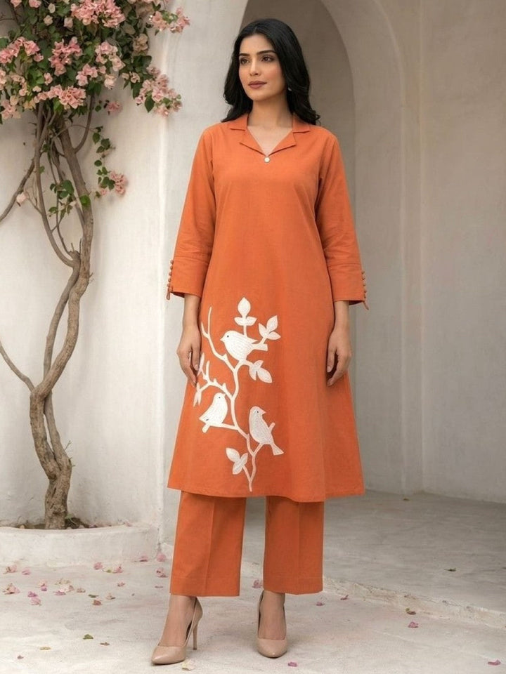 Tanu apricot emboidery cotton kurta pant set
