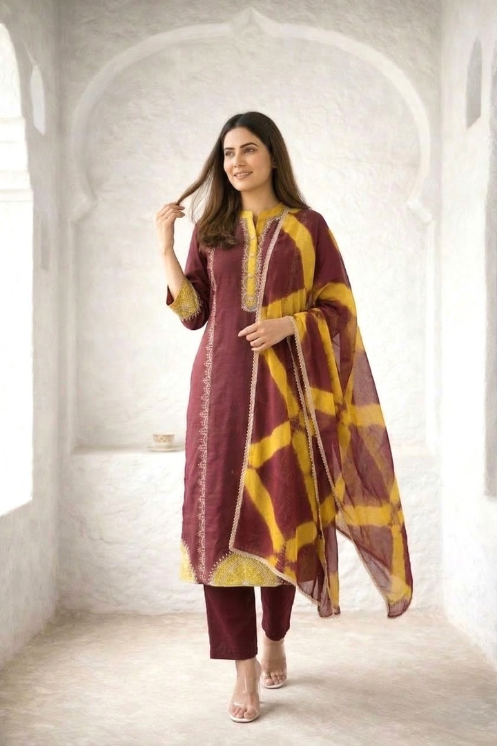 Nabha Wine Printed Work Suit Set