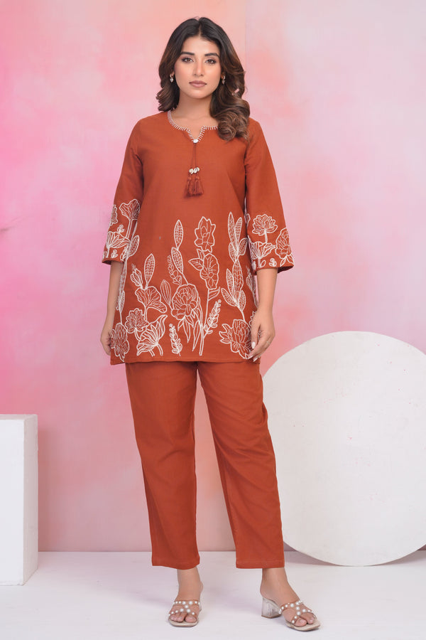 Vaidehi tangerine embroidery cotton co-ord set