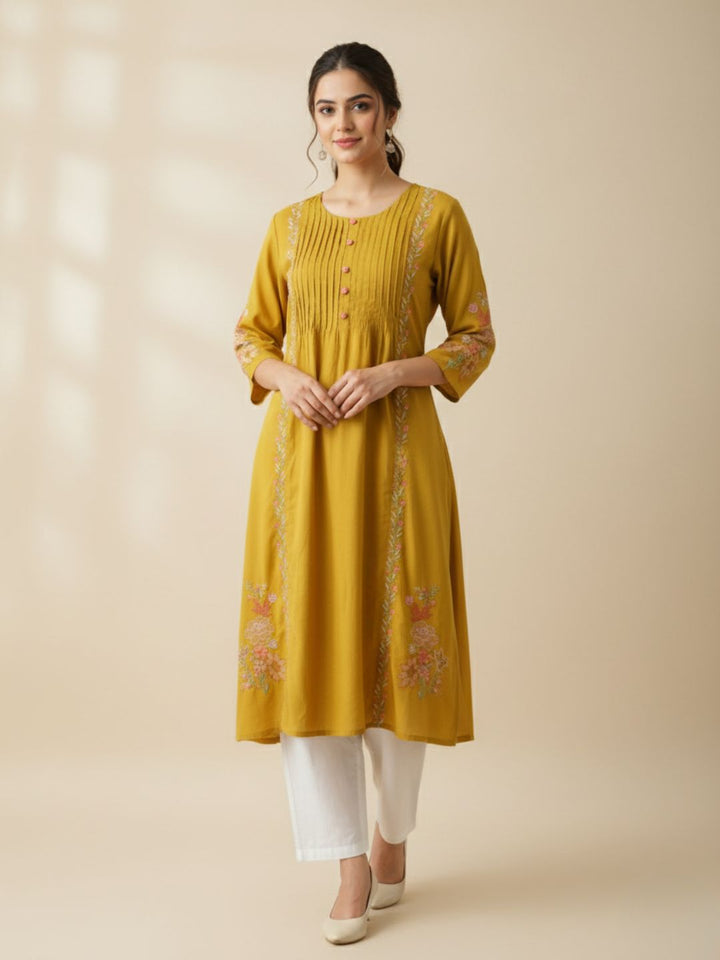 Sarvari Mustard Embroidered Kurti