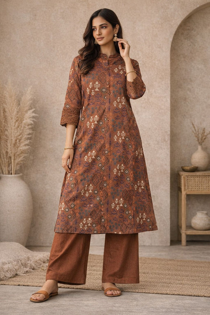 Surbhi russet printed cotton kurta pant set