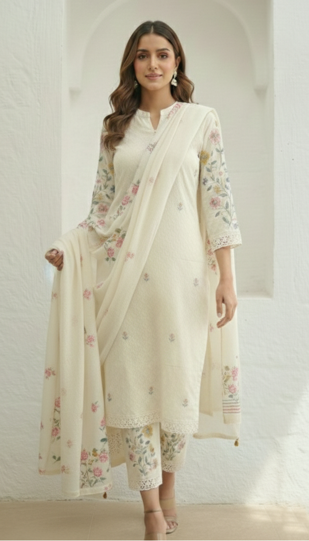 Kirti Mist Cotton Embroidered Suit Set