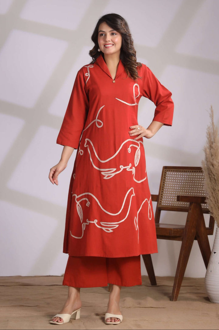 Chhavi Coral Embroidered Kurta Pant Set