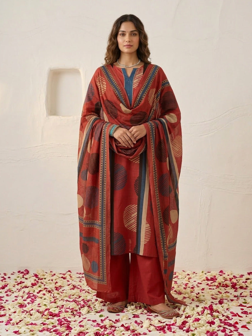 Swades crimson printed cotton suit set