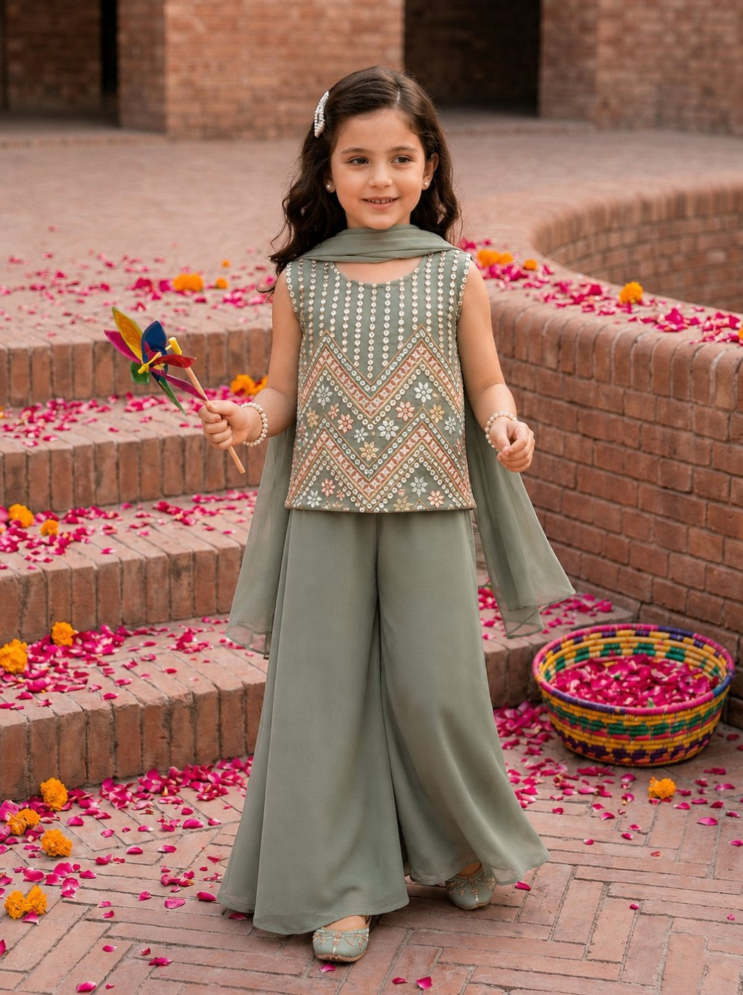 Joy Sage Embroidery Kids Suit Set