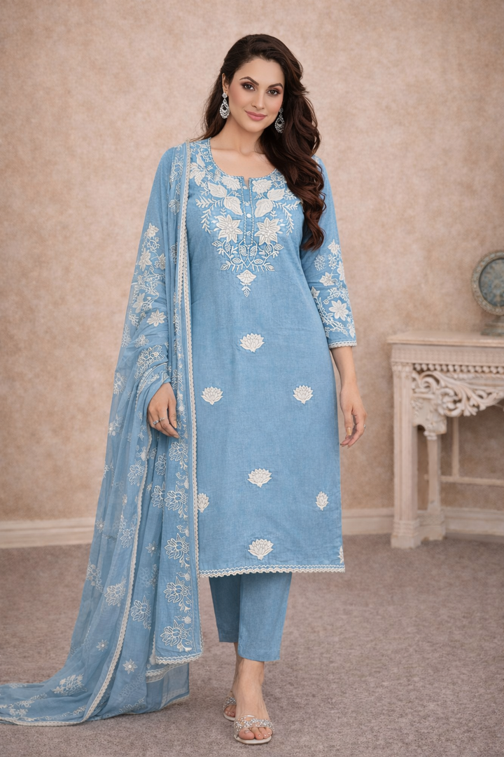 Bahara Softblue Printed Embroidered Suit Set