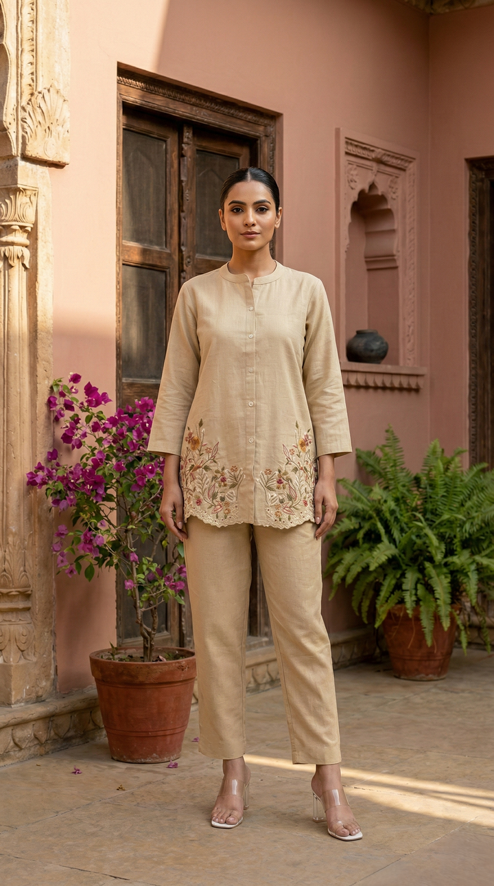 Viyona tan embroidery cotton co-ord set