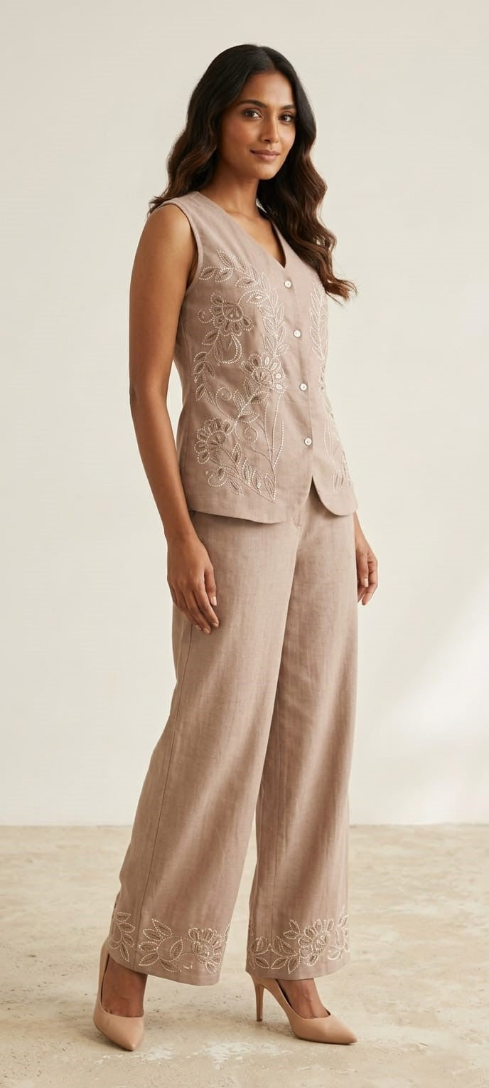 Mihika Hazelnut embroidery waist coat pant set