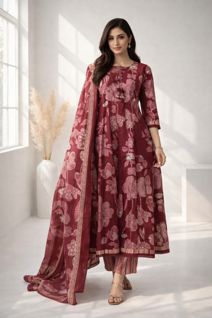 Ridhika Merlot Printed Cotton Suit Set