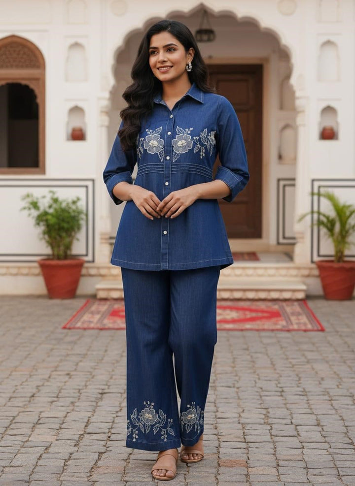 Poppi cobalt embroidery denim co-ord set