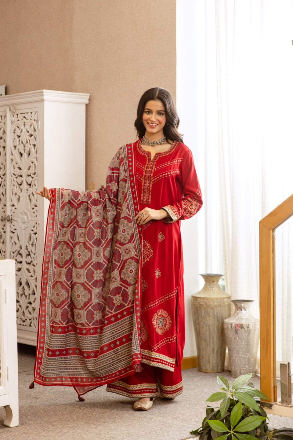 Karen Crimson Embroidery Cotton Suit set