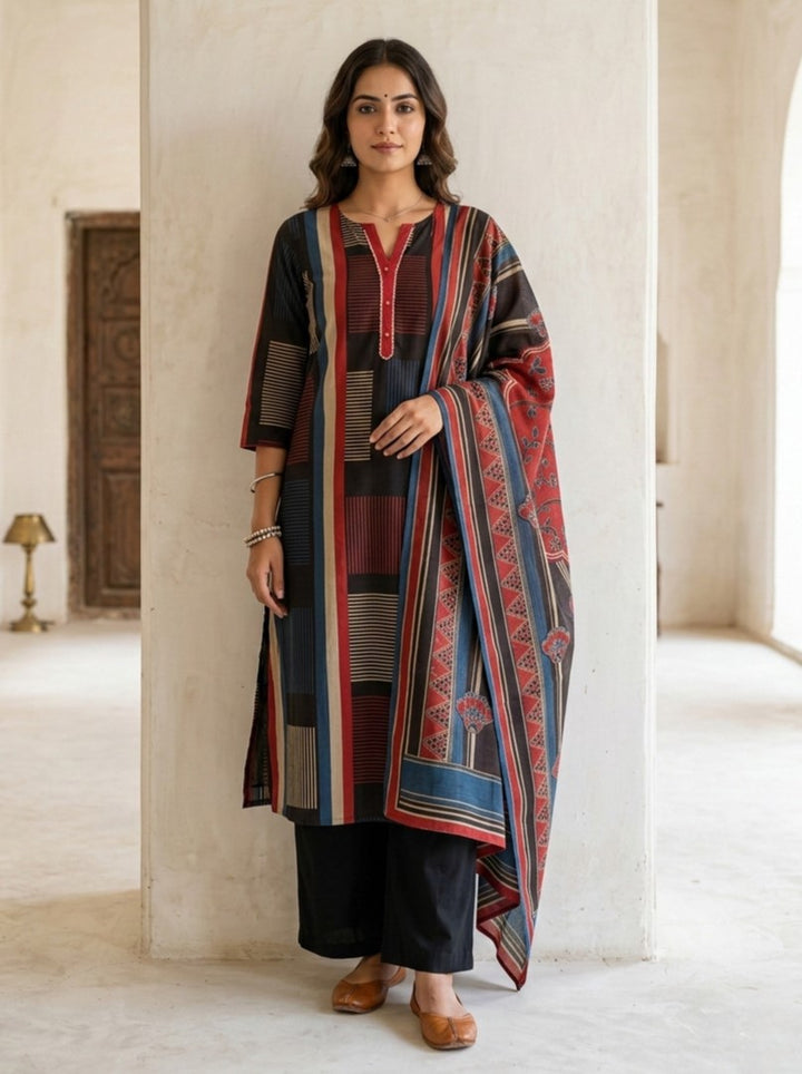 Swades ebony cotton printed suit set