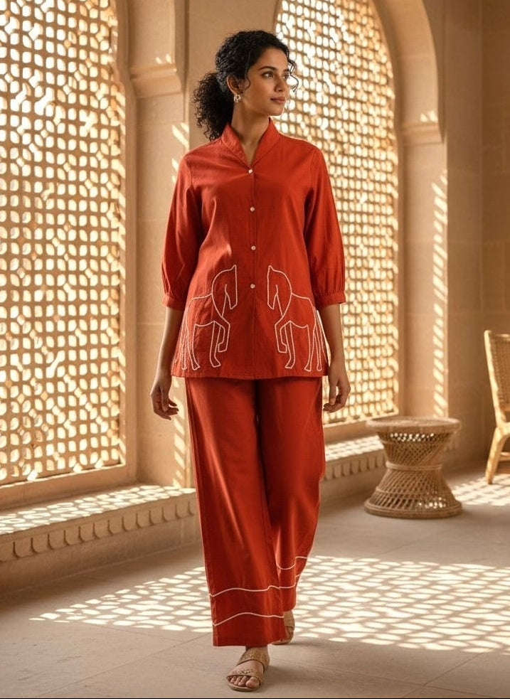 Sargi tangerine embroidery co-ord set