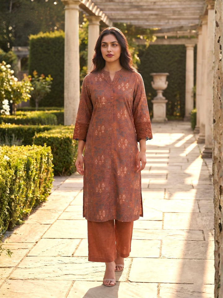 Surbhi russet printed cotton kurta pant set