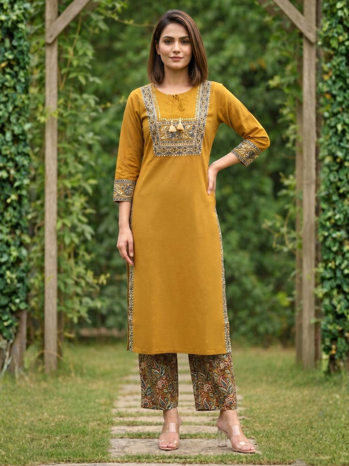 Vairagi Gold Printed Work Cotton Kurta Pant Set