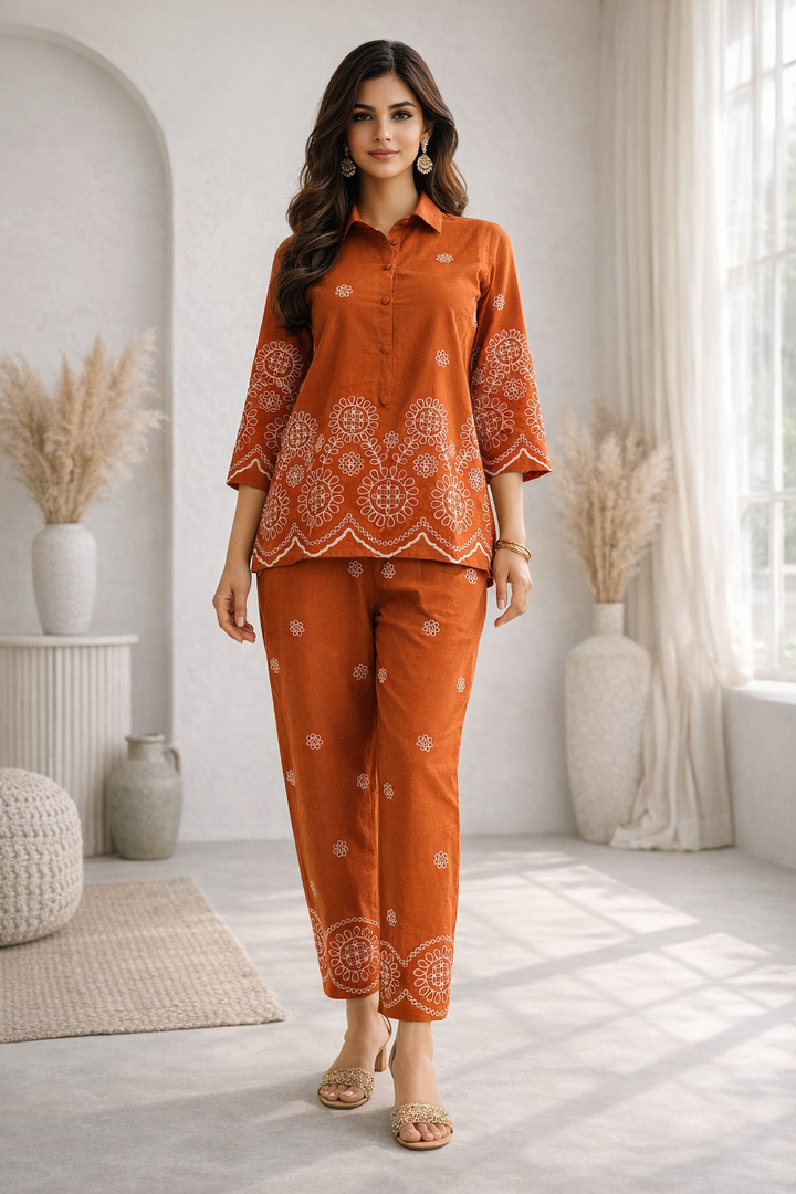 Abira Rust Embroidered Co-ord Set