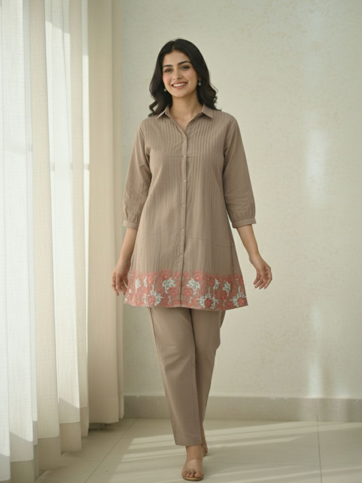 Pankhuri Taupe Embroidered Co-ord Set