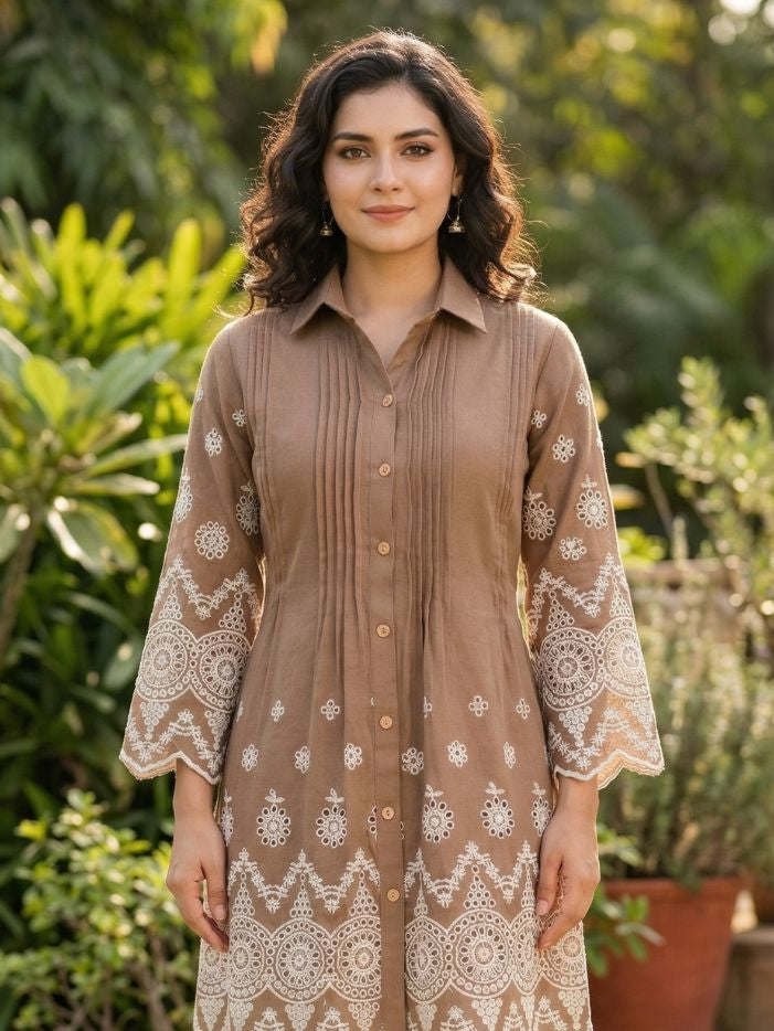 Perka Caramel schiffli cotton dress