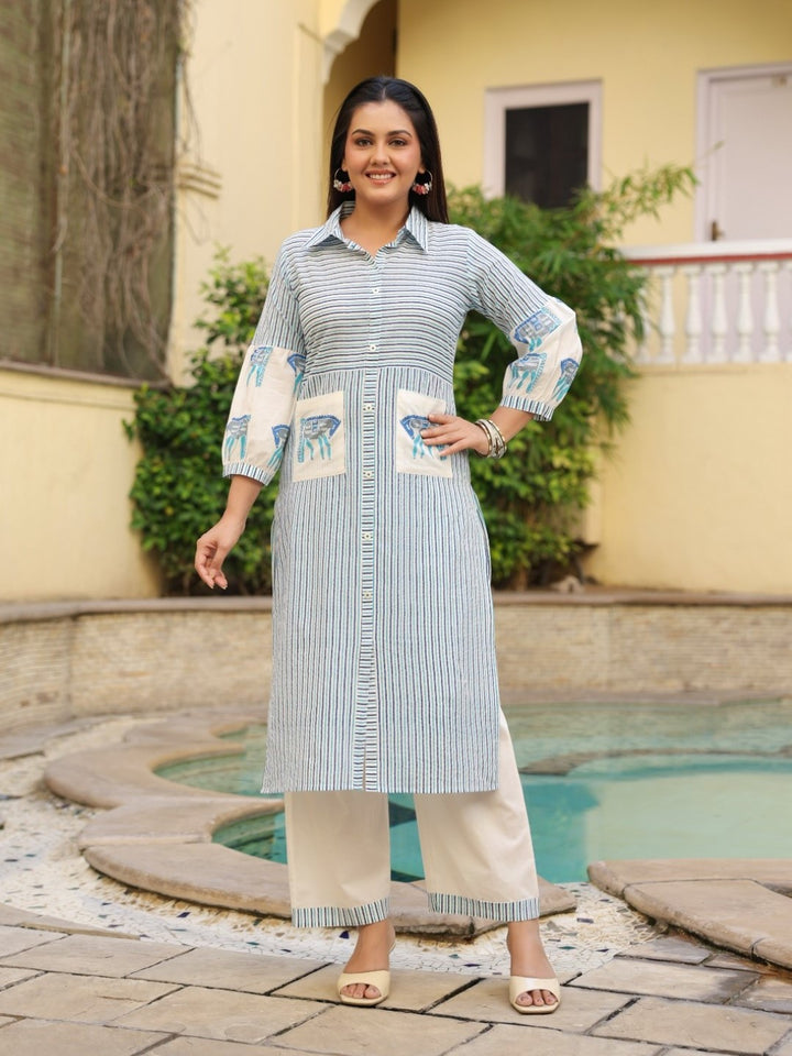 Dyna Azure Printed Stripe Kurta Pant Set