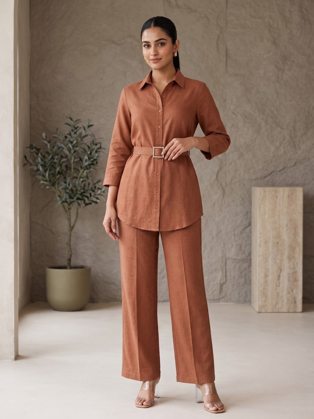 Prisha cadmium cotton co-ord set with belt